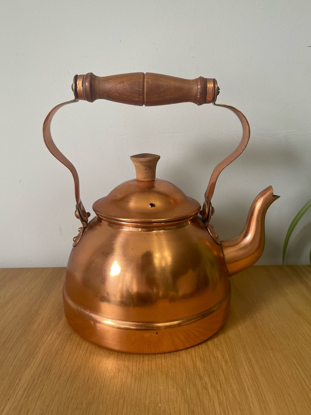 Vintage Copral Copper Tea Kettle with Wooden Handle Portugal